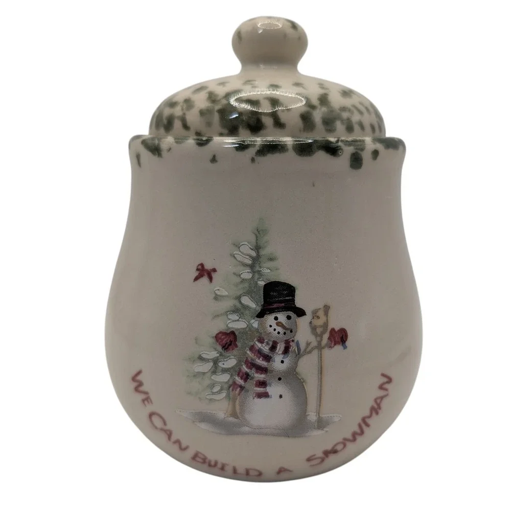 Vintage Sugar Bowl‎ with Lid We Can Build a Snowman Green Sponge Painting SEE